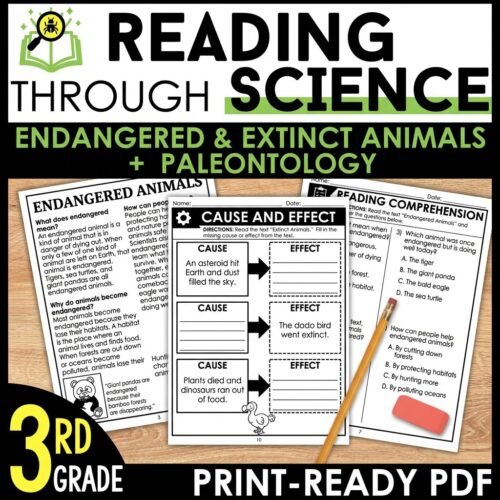 Endangered & Extinct Animals + Paleontology Reading Comprehension Passages & Activities | 3rd Grade Science | Print-Ready PDF